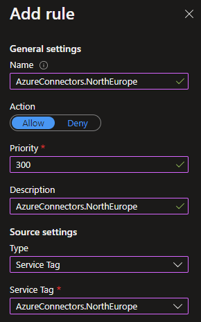 screenshot of Azure portal adding one of the service tags
